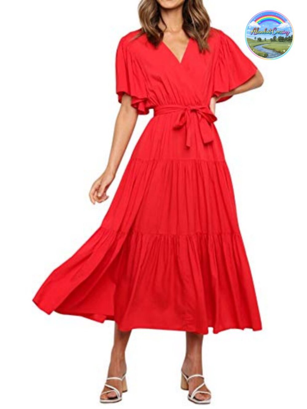 Womens Ruffle A-Line Midi Dress Rayon Cotton Belted V-Neck
